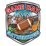 Illustration of a football game day scene with cheering fans, food, drinks, a grill, and a large football, with "Game Day Gatherings" written in bold red and blue letters.