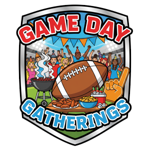 Illustration of a football game day scene with cheering fans, food, drinks, a grill, and a large football, with "Game Day Gatherings" written in bold red and blue letters.